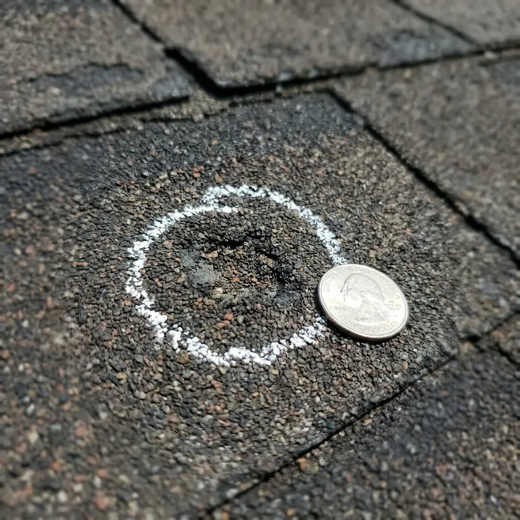 Chalk-circled hail bruise on an asphalt shingle documented during a Roof Raiders inspection