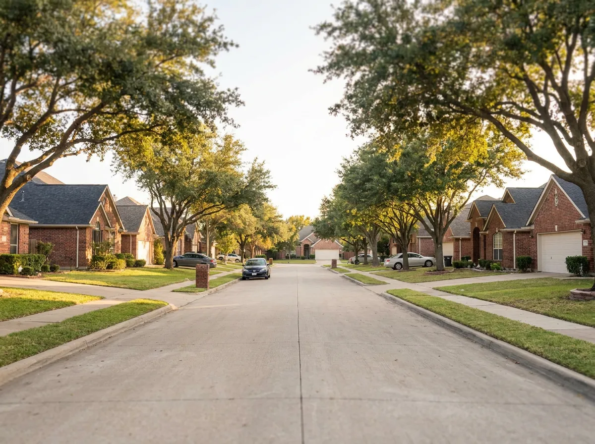 A North Texas residential streetscape with asphalt shingle roofs