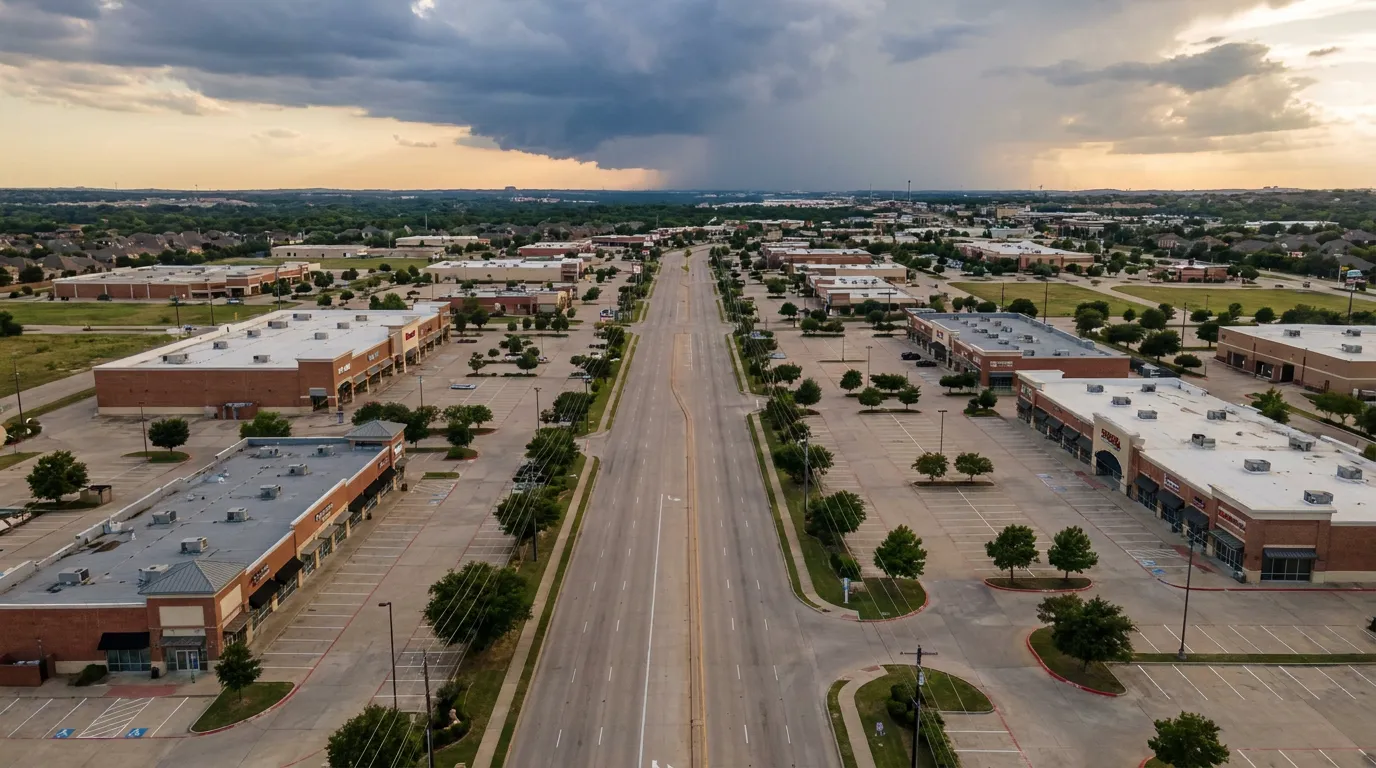 A suburban commercial corridor under building storm clouds in North Texas