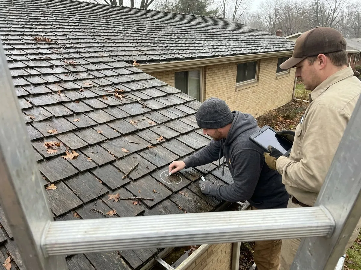 A roofer and an insurance adjuster documenting hail damage on a residential roof