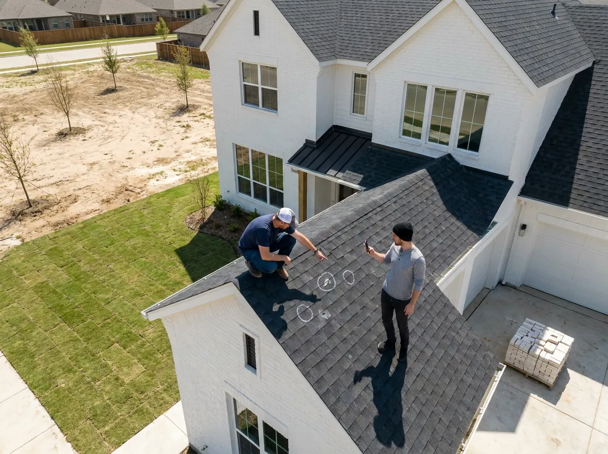A roofer and an insurance adjuster documenting hail damage on a residential roof
