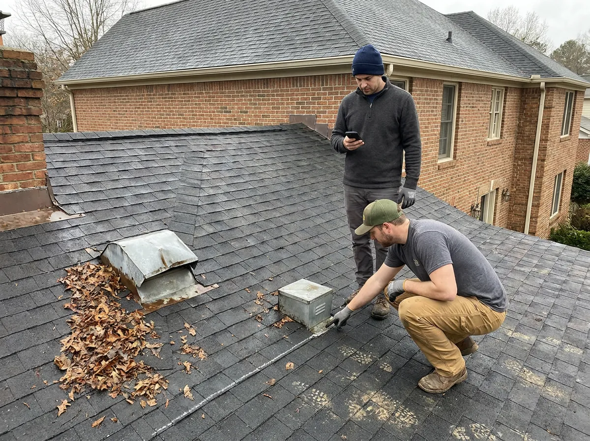 A roofer documenting hail damage on a residential roof alongside an insurance adjuster