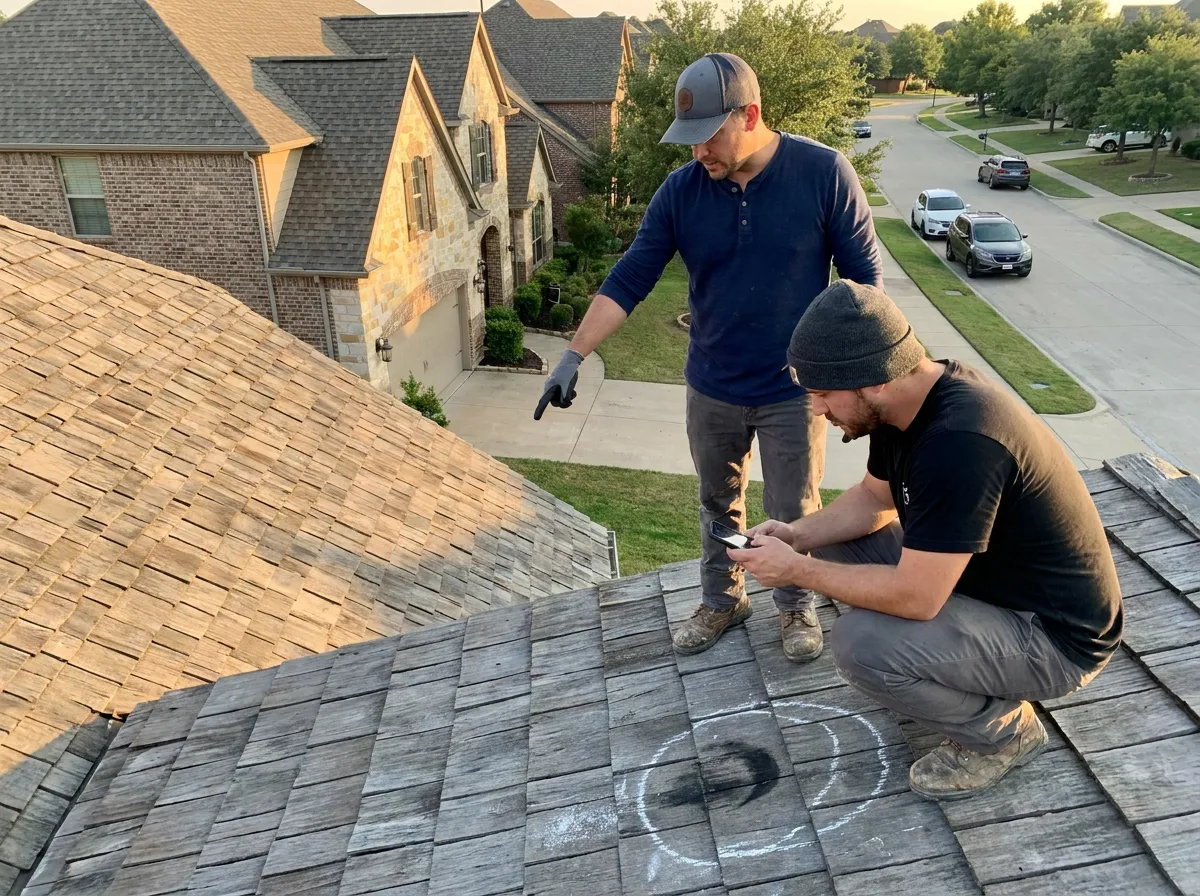 A roofer and an insurance adjuster documenting hail damage on a residential asphalt shingle roof