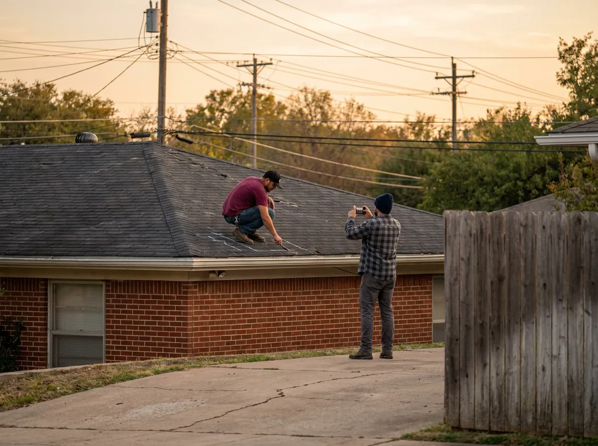A roofer and an insurance adjuster documenting hail damage on a residential asphalt shingle roof