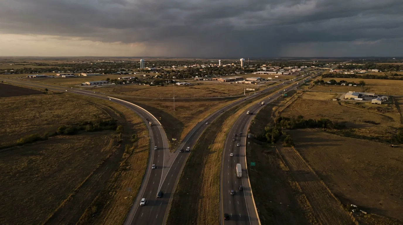 Aerial view of the I-35E and I-35W interstate merge north of downtown Denton, TX