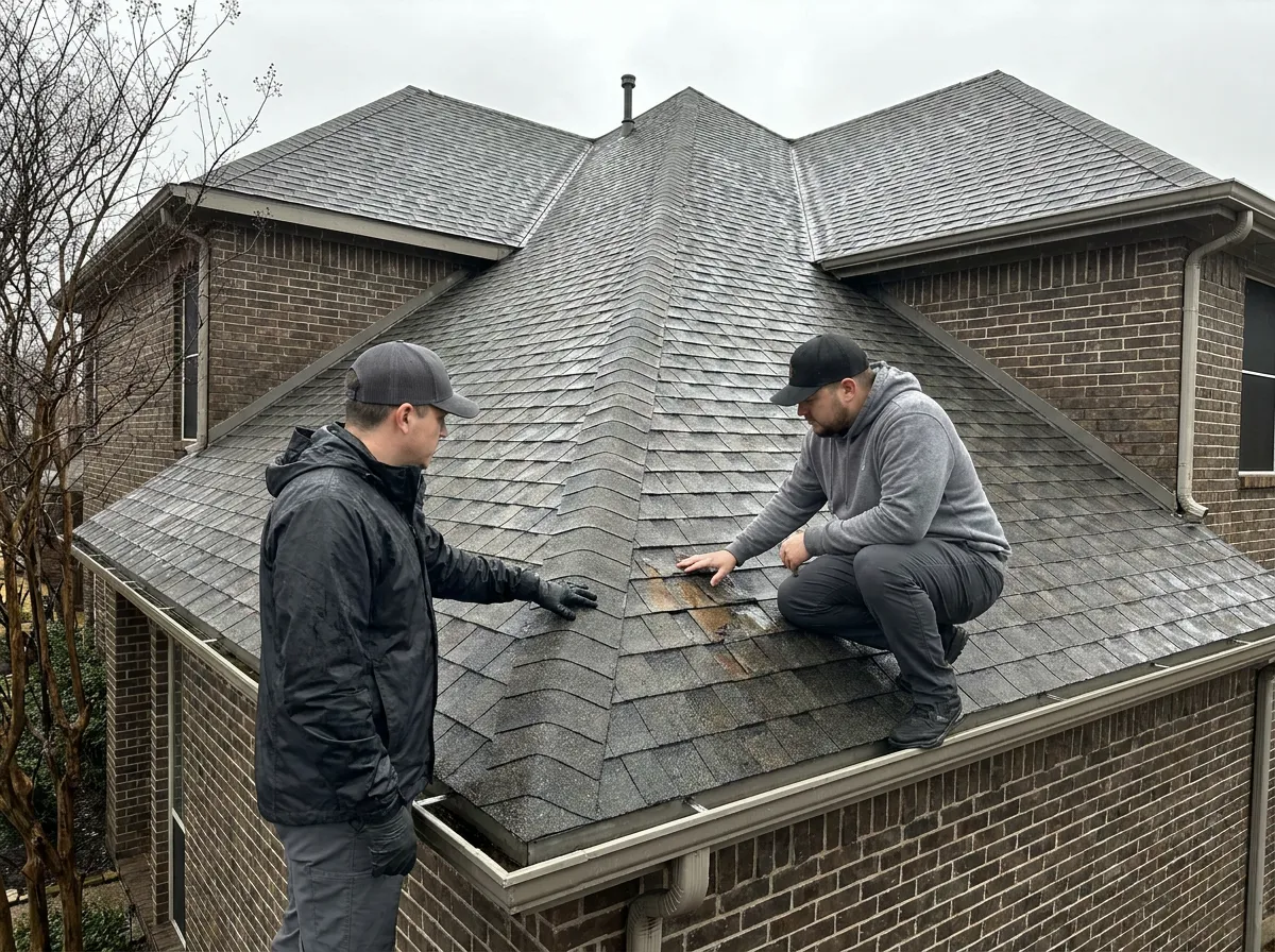A roofer documenting hail damage alongside an insurance adjuster on a residential roof