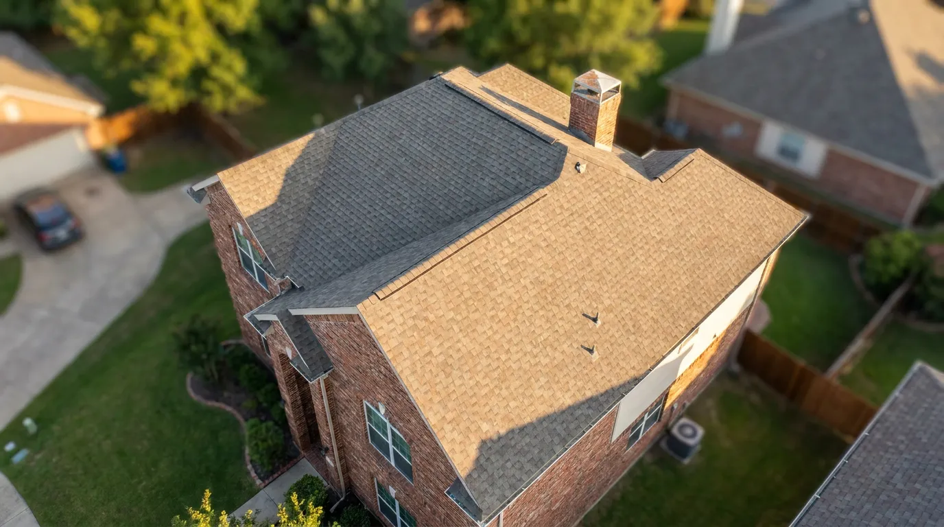 Aerial view of a North Texas residential neighborhood roofscape