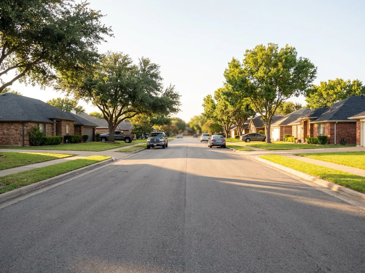 A North Texas residential streetscape with asphalt shingle roofs
