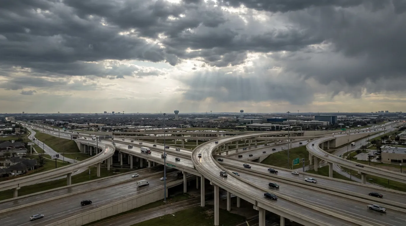 SH-183 and SH-360 highway interchange in Euless, TX, under storm clouds