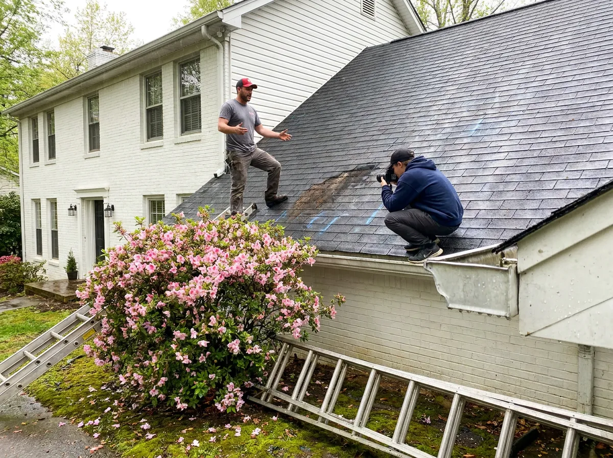 A roofer walking an insurance adjuster across a residential shingle roof