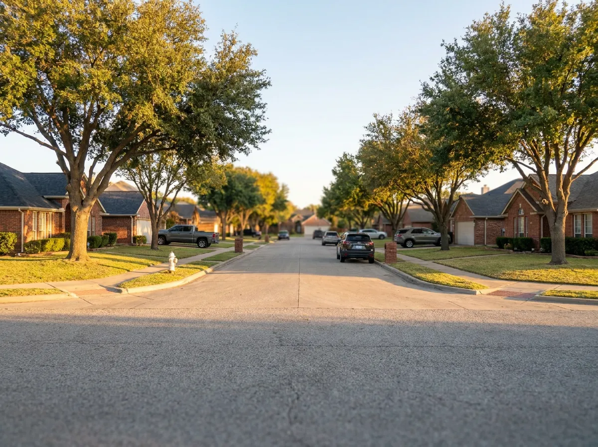 A North Texas residential streetscape with asphalt shingle roofs