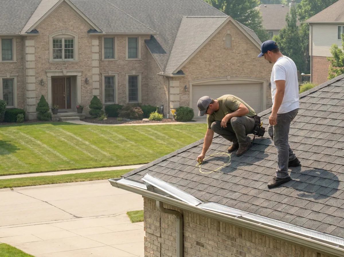 A roofer and an insurance adjuster documenting hail damage on a residential roof