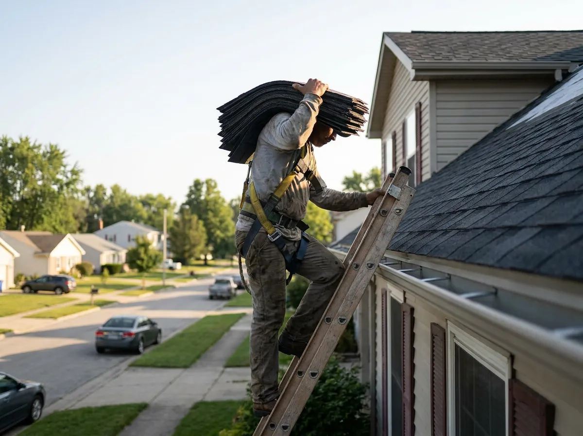 A roofer installing asphalt shingles during a residential roof replacement