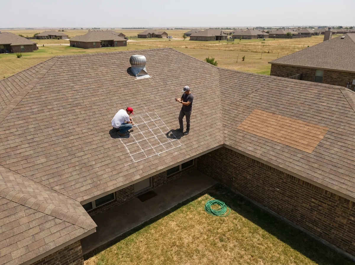 An insurance adjuster and a roofer documenting hail damage on a residential asphalt shingle roof