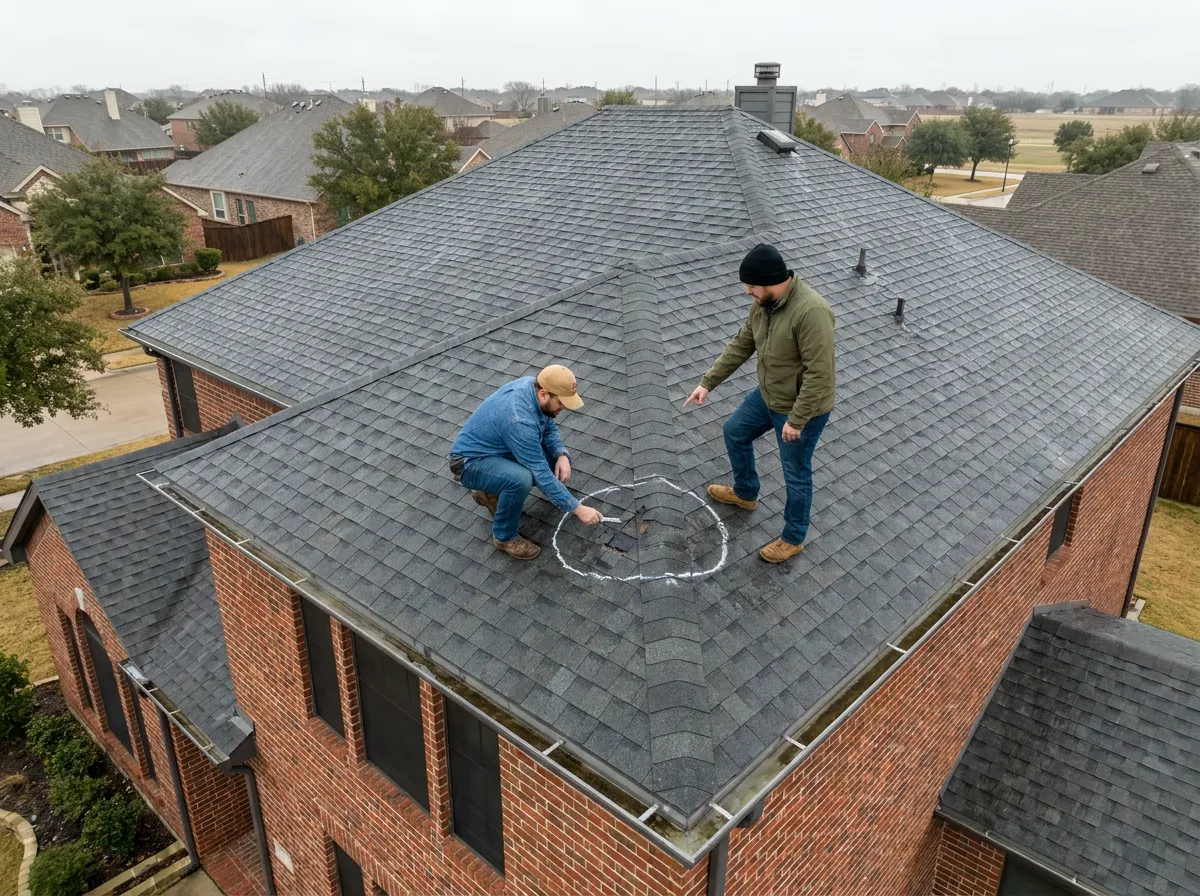 A roofer and an insurance adjuster documenting hail damage on an asphalt shingle roof