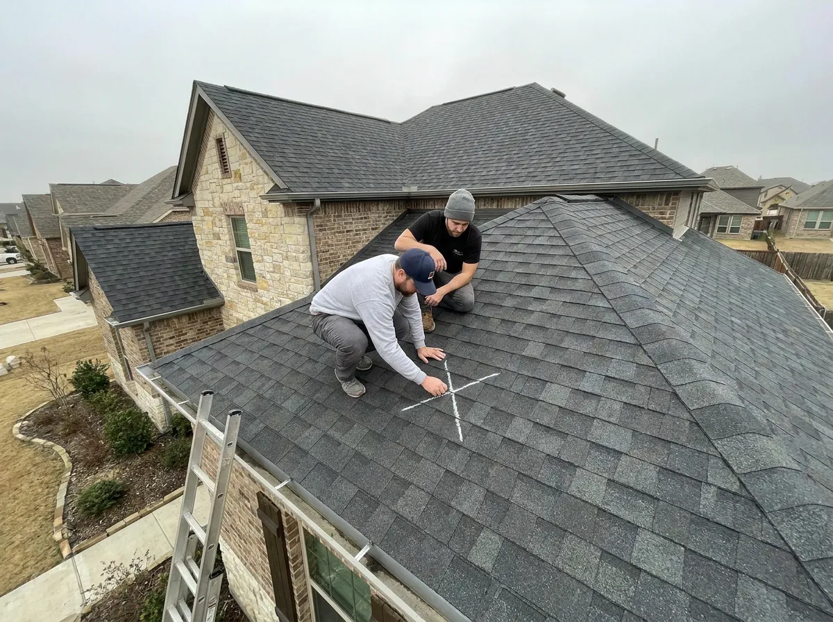 An insurance adjuster documenting hail damage on a residential asphalt shingle roof