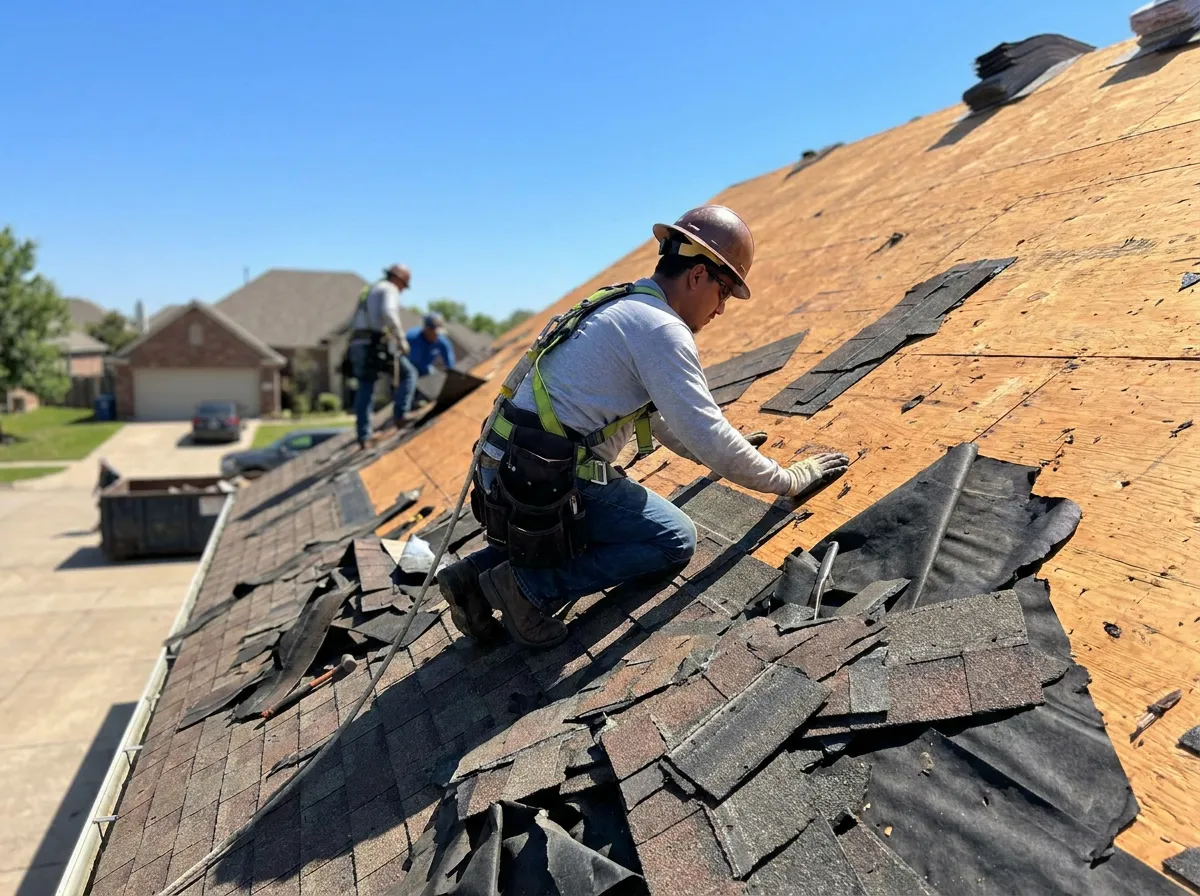 A roofer completing a residential asphalt shingle install on a North Texas home
