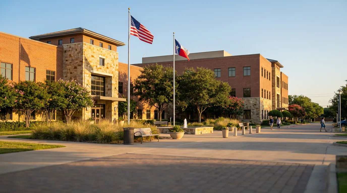 Highland Village Municipal Complex on Highland Village Road where residential roofing permits are filed