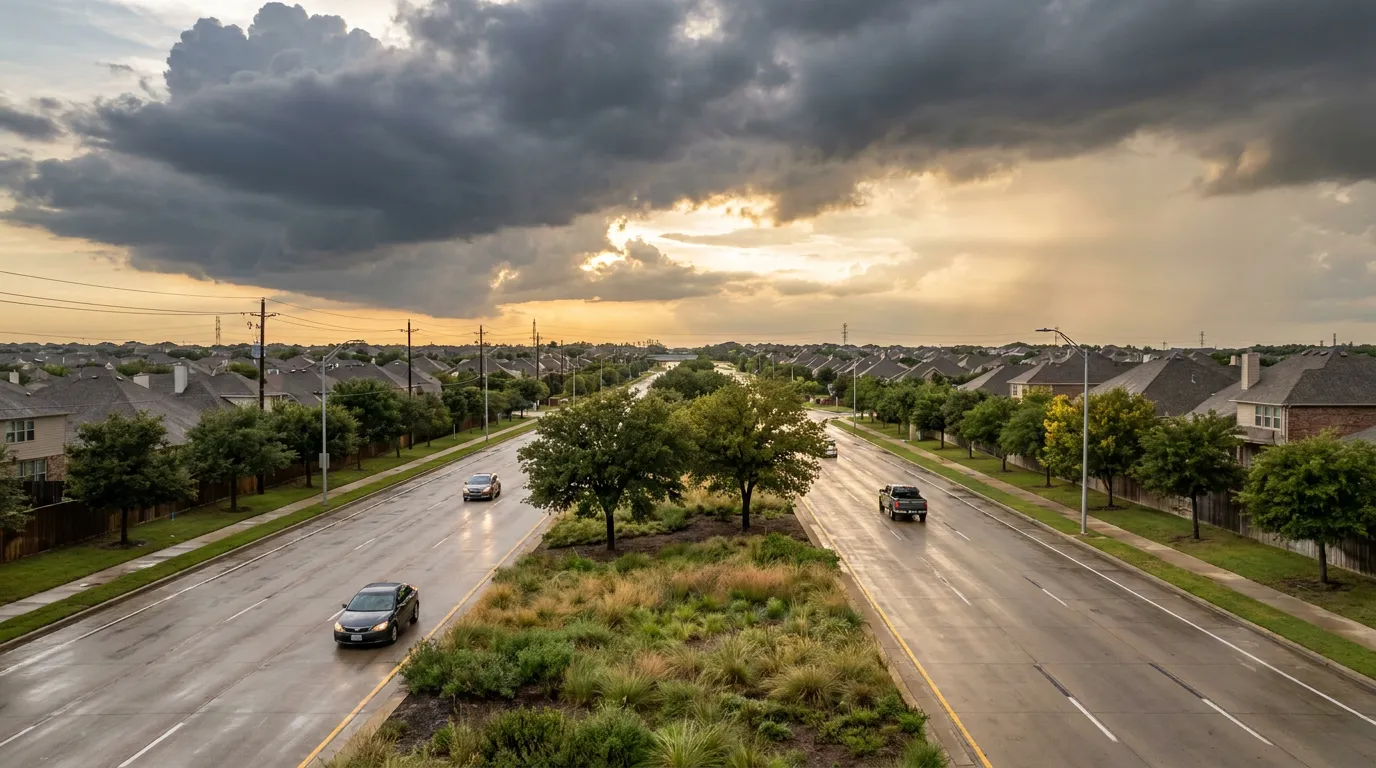 FM 407 Justin Road arterial running east to west through Highland Village, TX