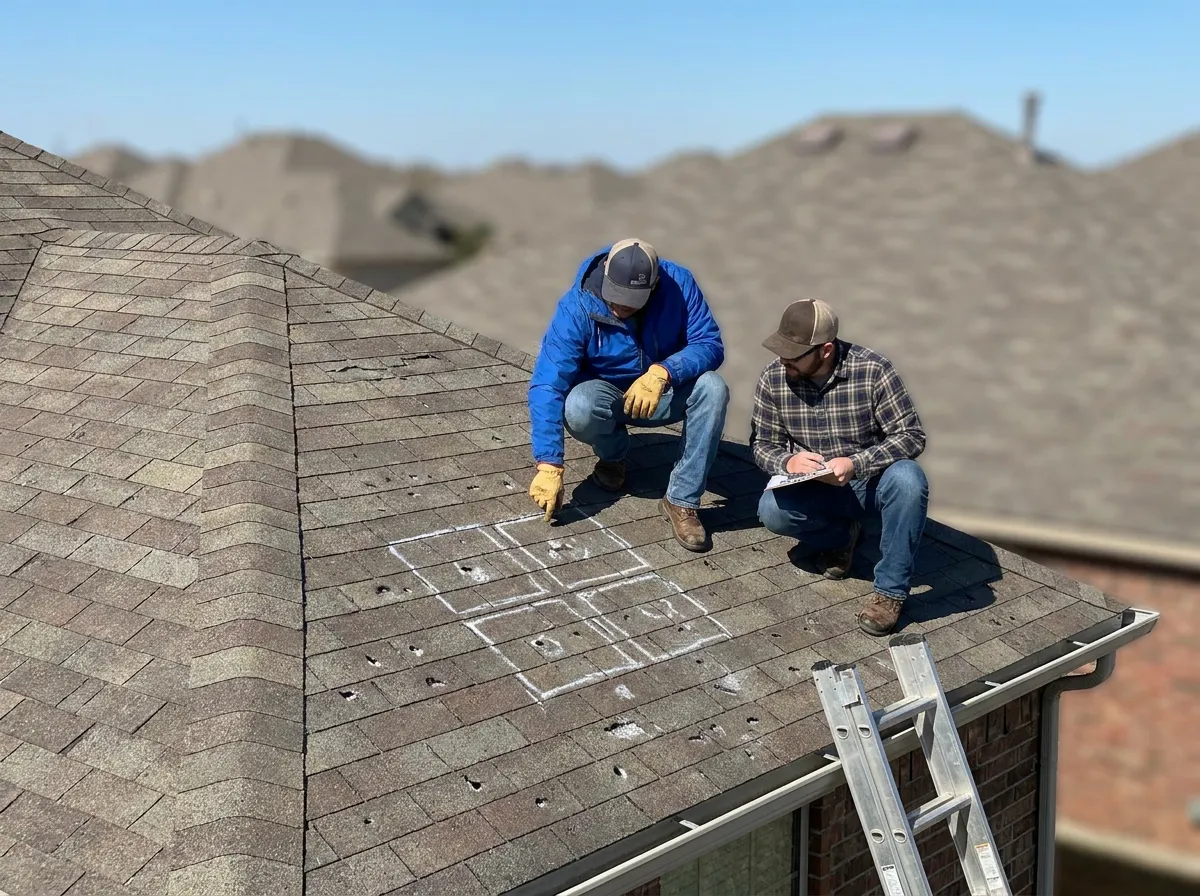 An insurance adjuster and a roofer documenting hail damage on a two-story residential roof