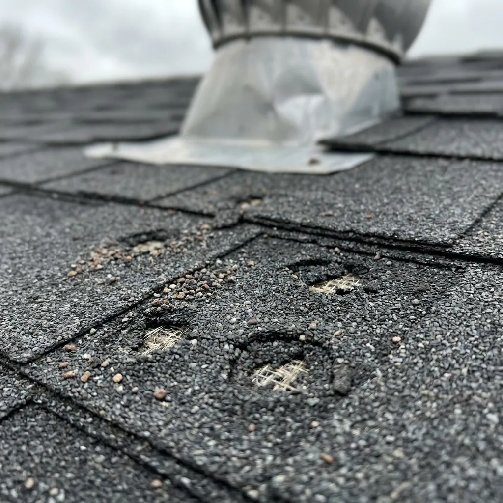 Close-up of chalk-circled hail bruising on a Landmark Pro asphalt shingle slope