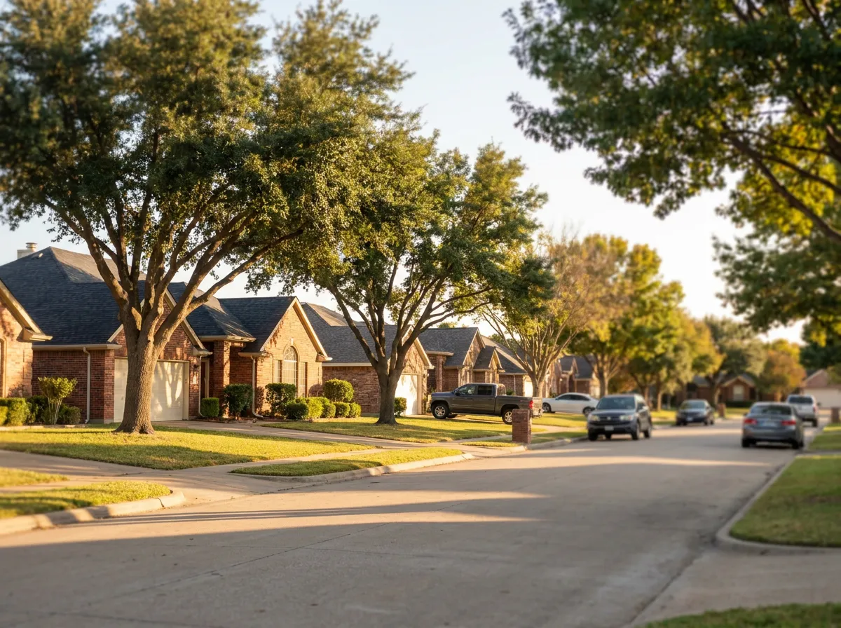A North Texas residential streetscape with asphalt shingle roofs
