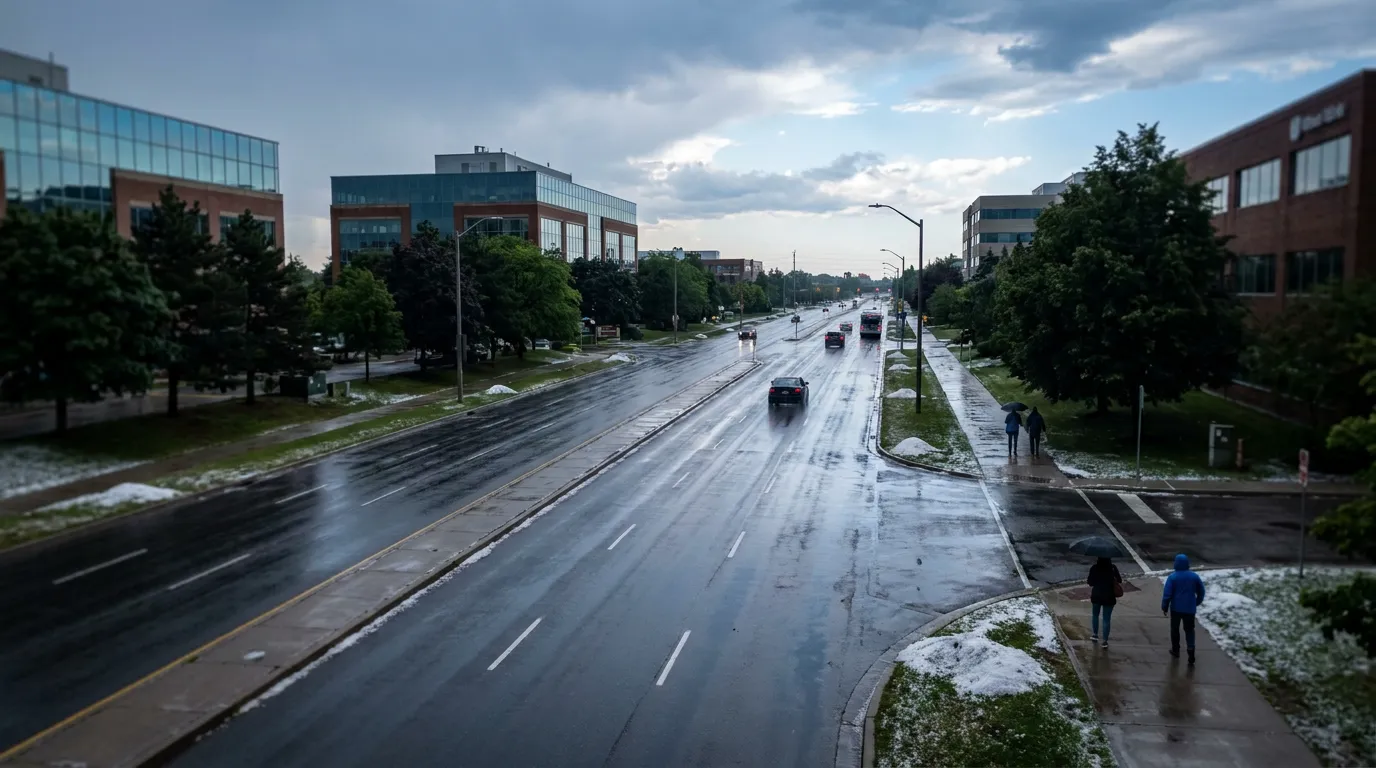 MacArthur Boulevard corridor through Las Colinas in Irving, TX after a spring hail cell