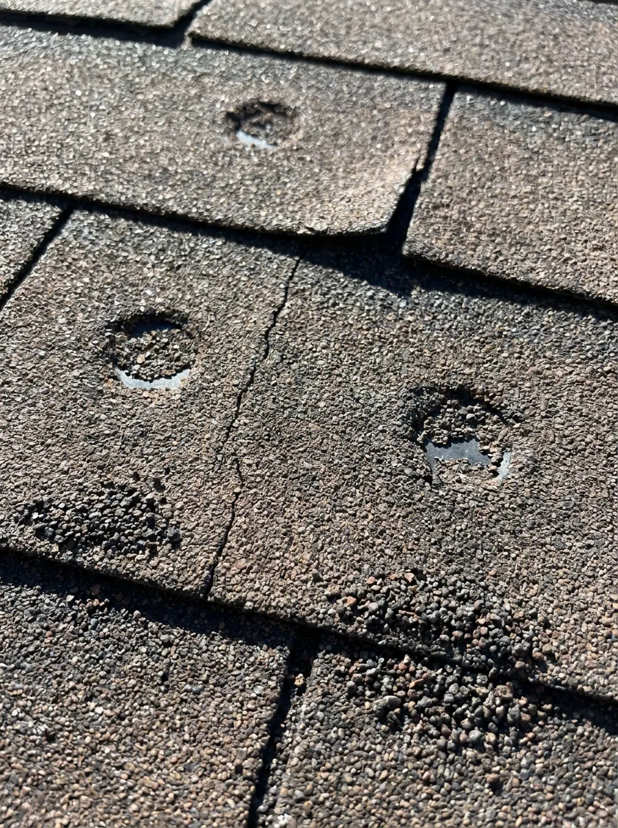 Close-up of a hail-bruised asphalt shingle showing impact damage from an insurance claim inspection