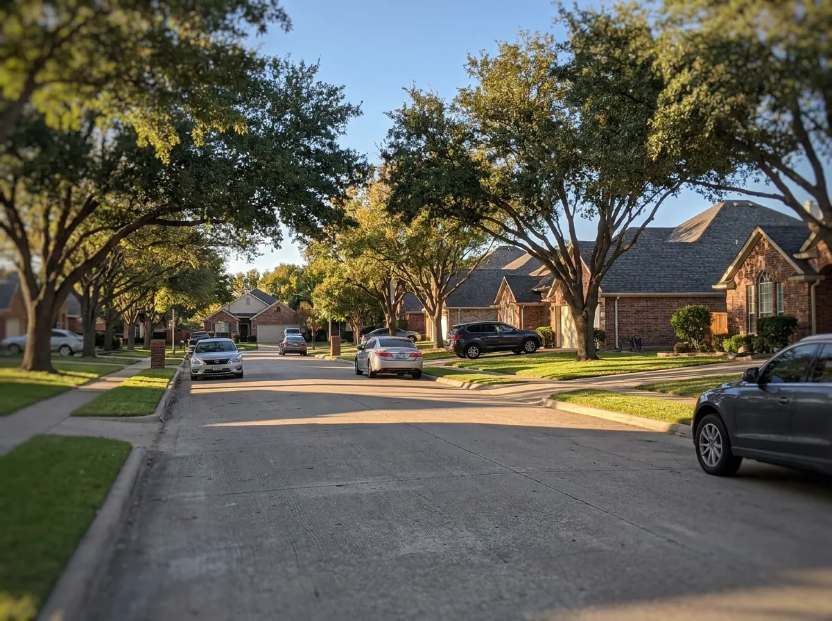 A North Texas residential streetscape with asphalt shingle roofs