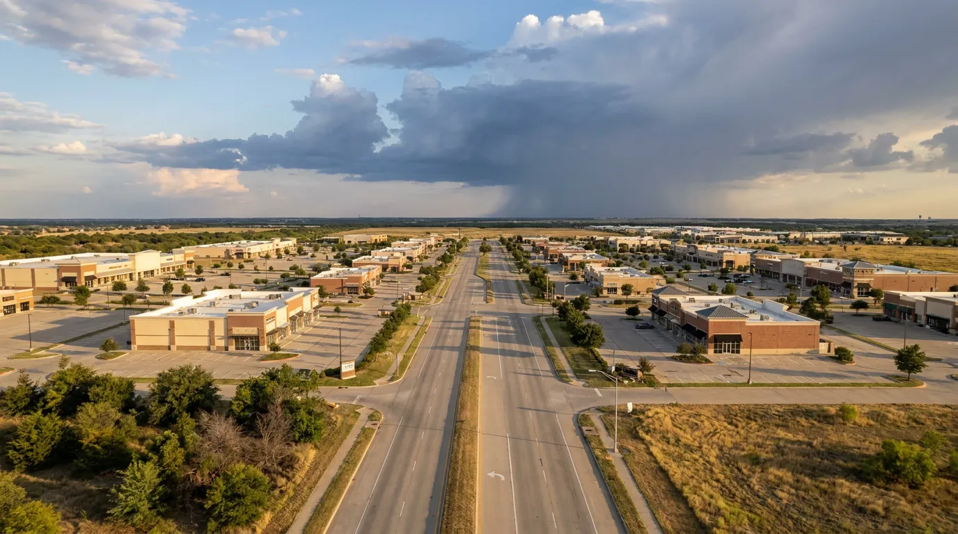 A suburban commercial corridor under building storm clouds in North Texas
