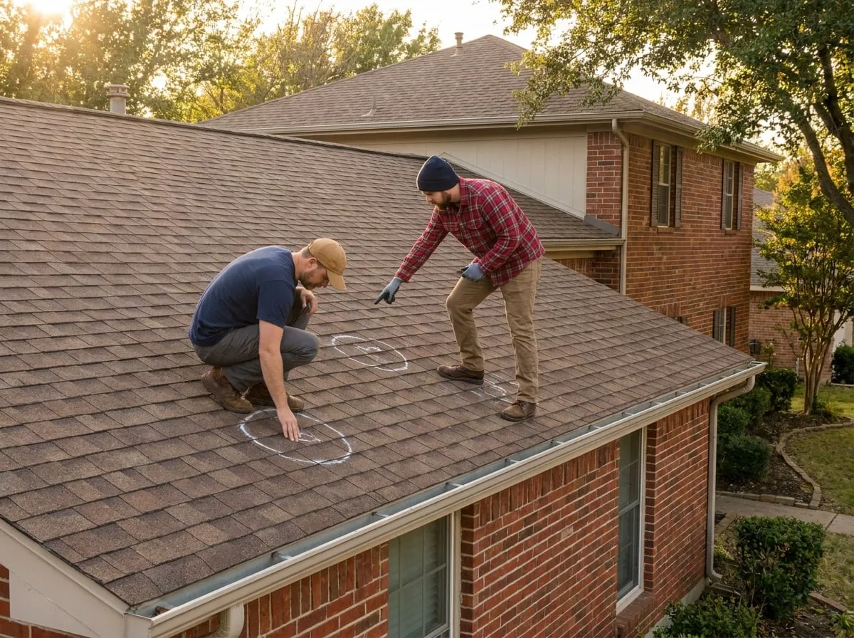 A roofer and an insurance adjuster inspecting hail damage on a residential roof