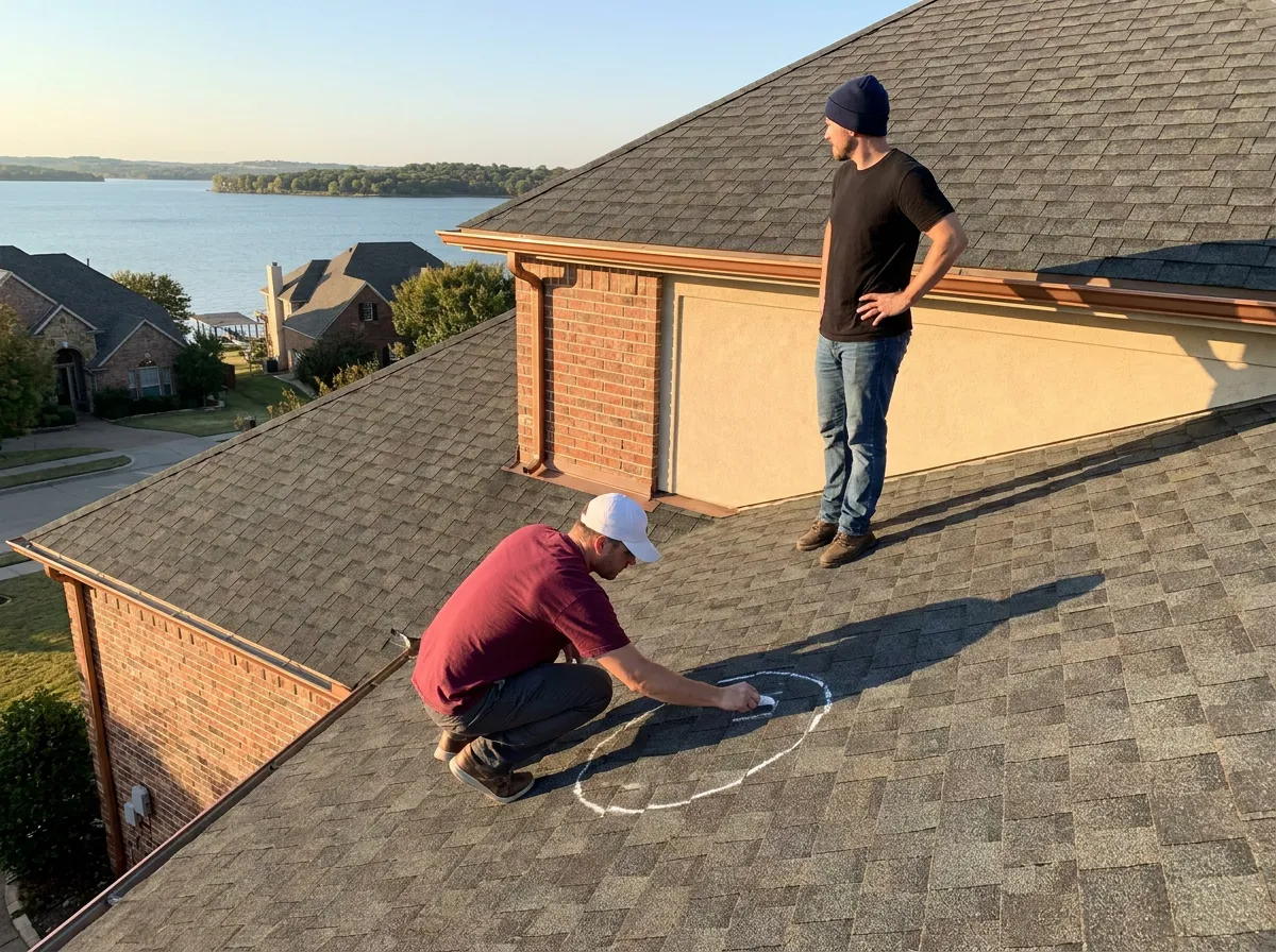 A roofer documenting hail damage on a residential roof alongside an insurance adjuster