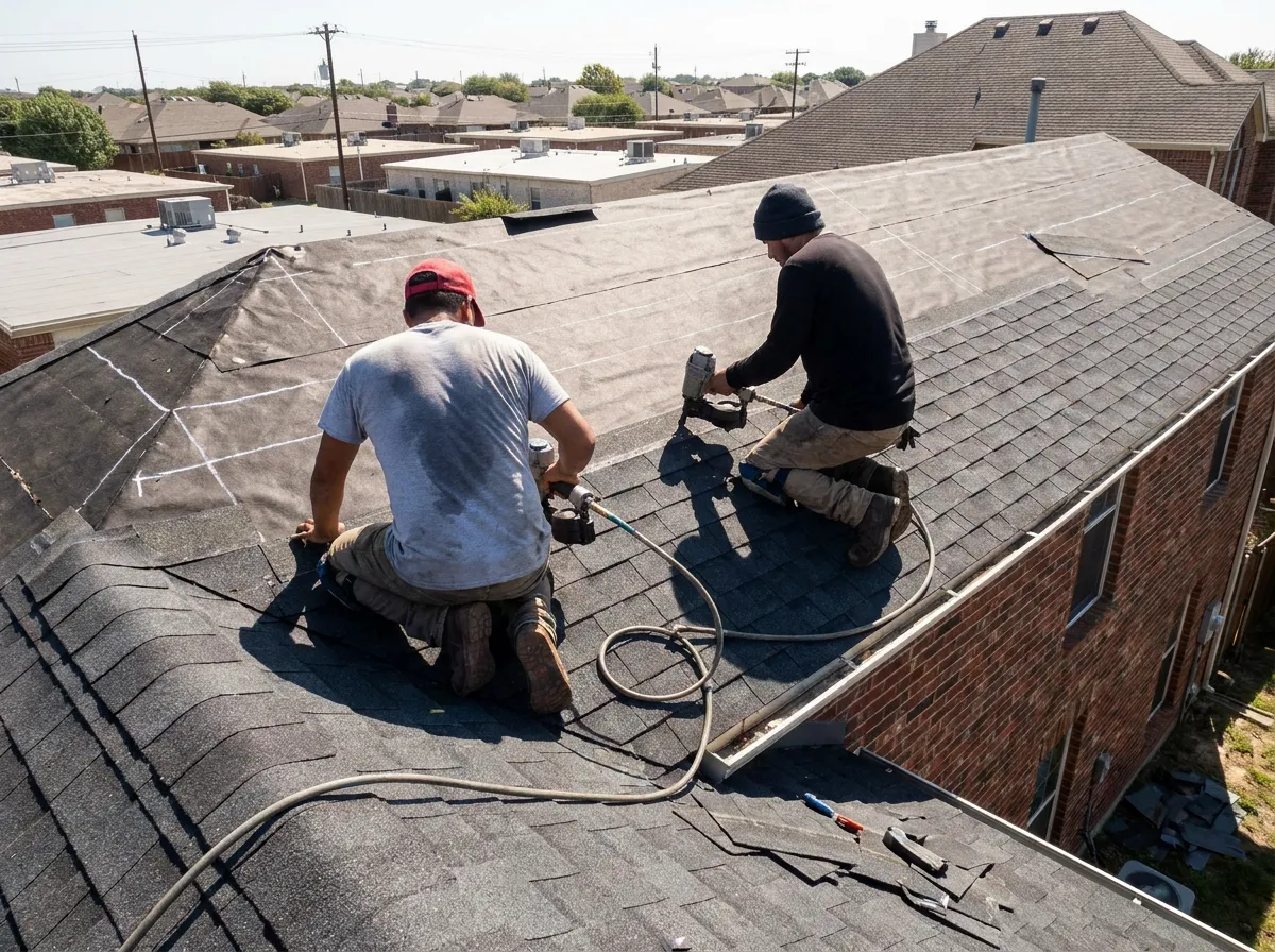 A roofer completing a residential asphalt shingle installation