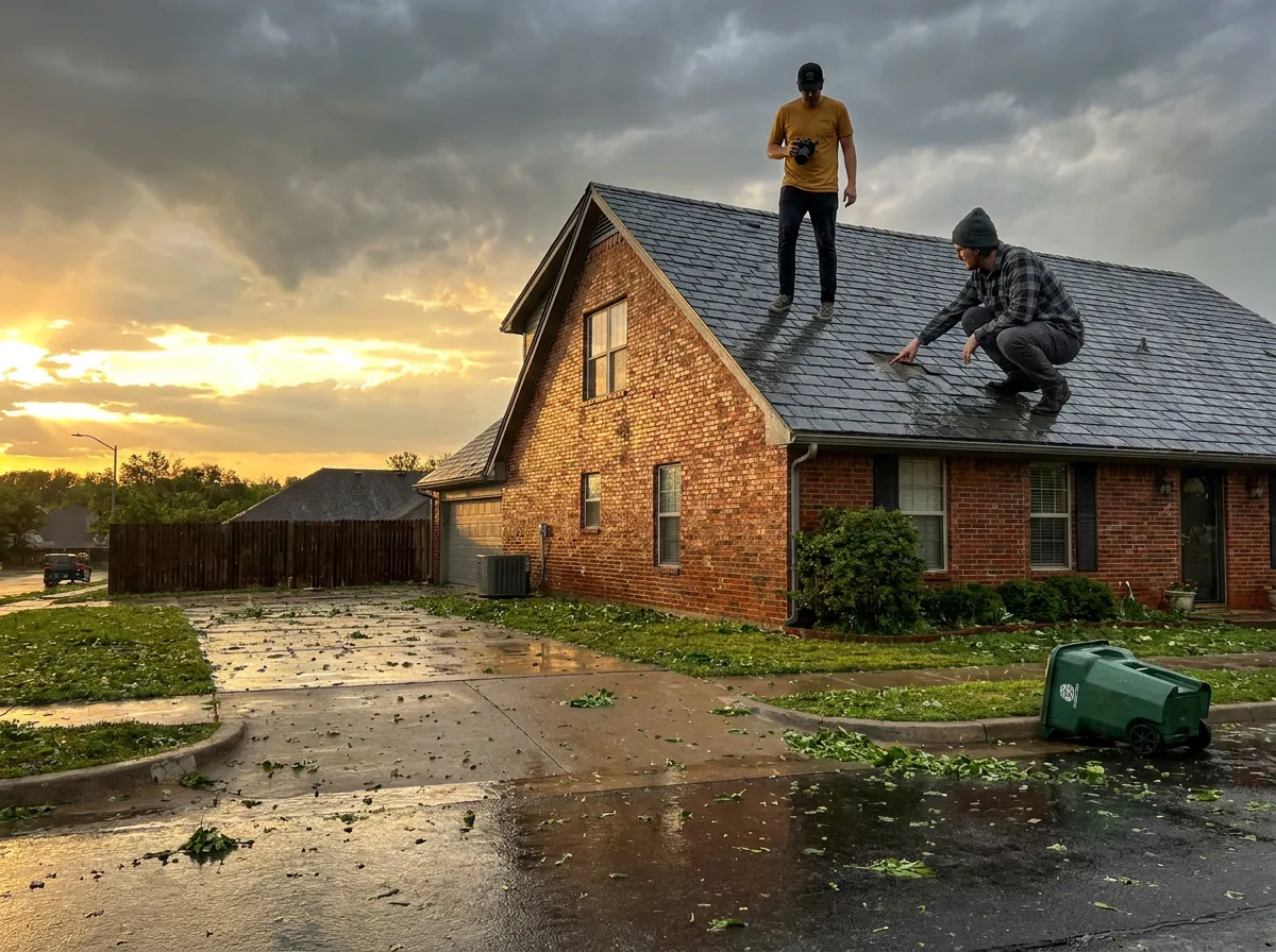 A roofer documenting hail damage on a shingle roof with an insurance adjuster