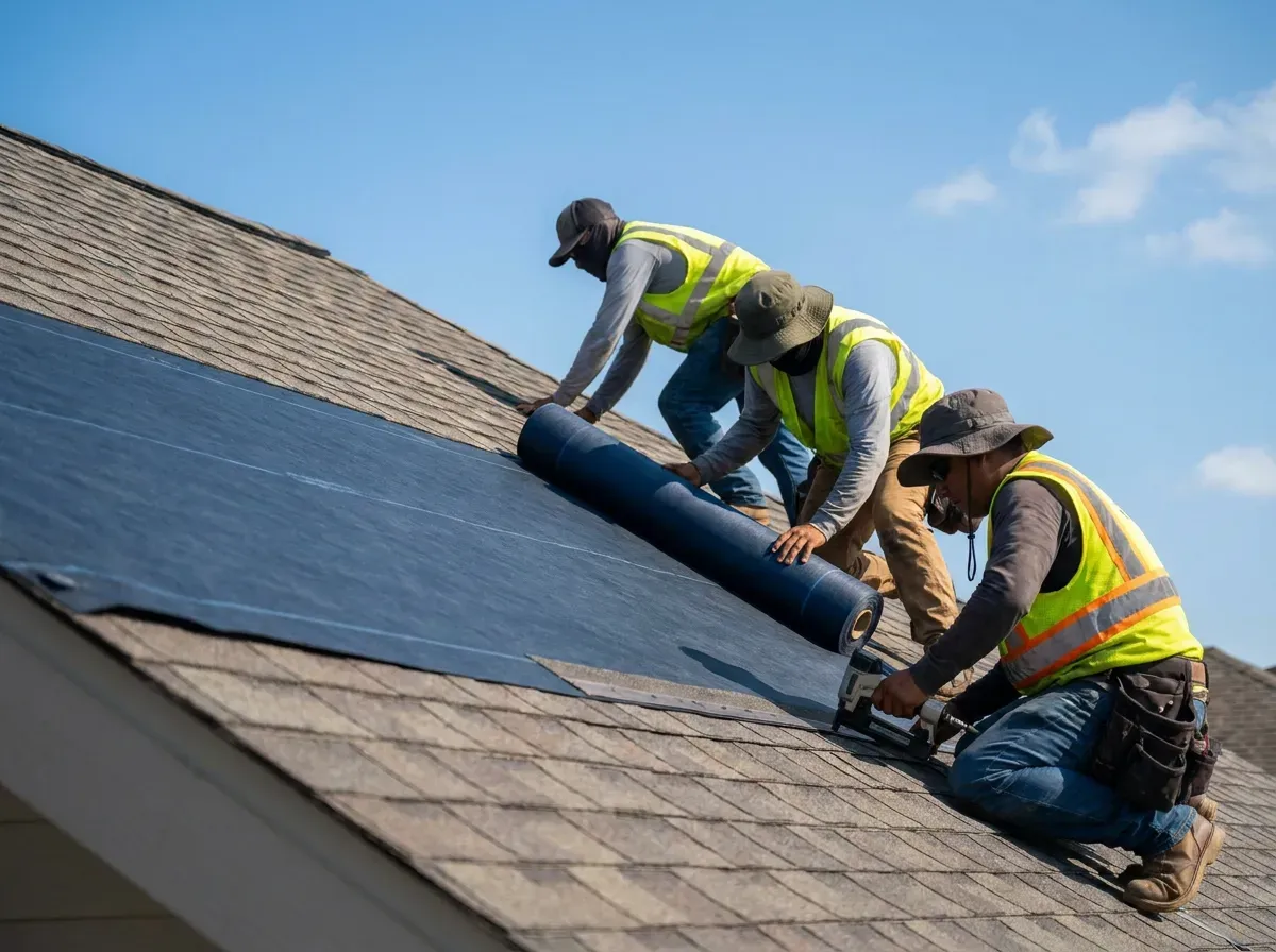 A roofer completing a residential asphalt shingle installation on a North Texas home