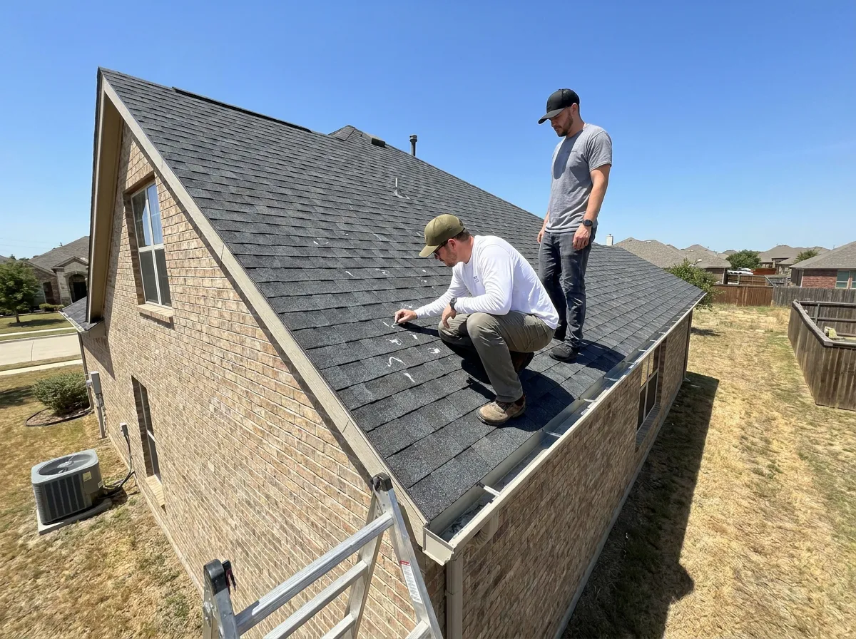 A roofer and an insurance adjuster documenting hail damage on a residential asphalt shingle roof