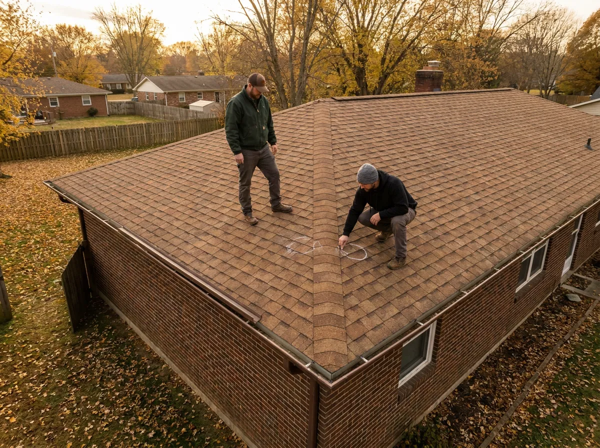 A roofer and an insurance adjuster documenting hail damage together on a residential roof