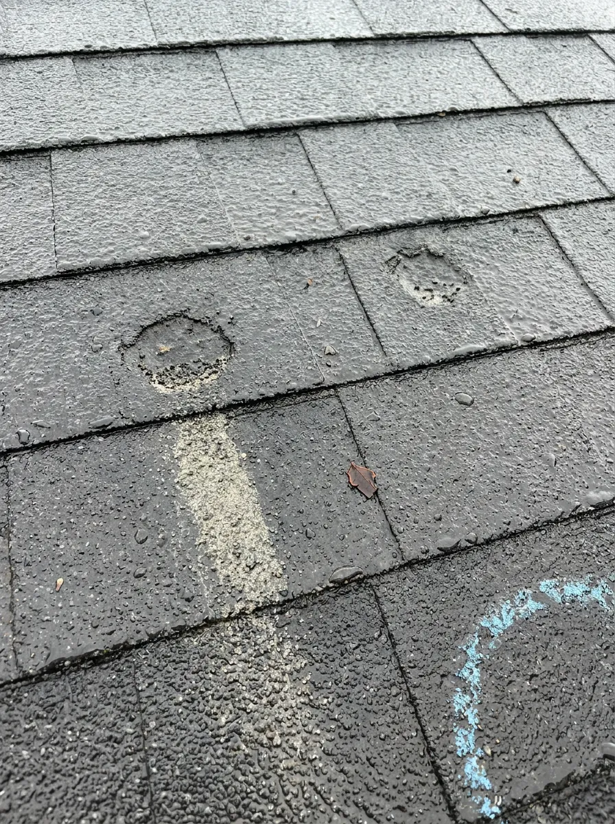 Closeup of a hail-bruised asphalt shingle showing granule loss from impact