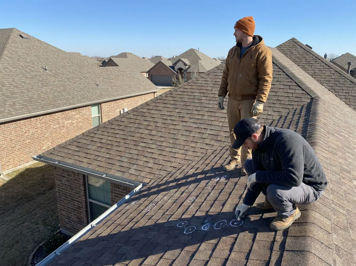 An insurance adjuster documenting hail damage alongside a roofer on a residential roof