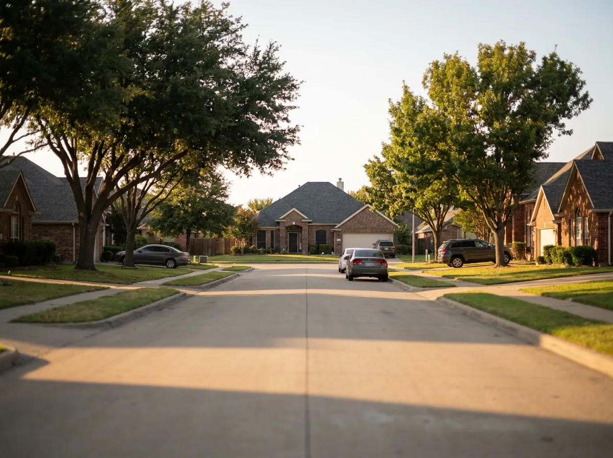 A North Texas residential streetscape with asphalt shingle roofs