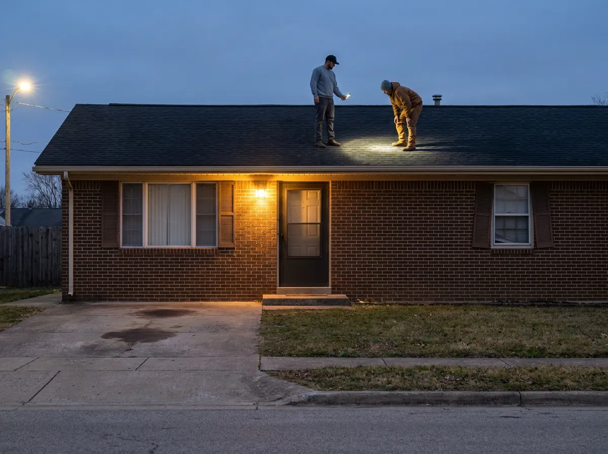 A roofer meeting an insurance adjuster on a residential shingle roof