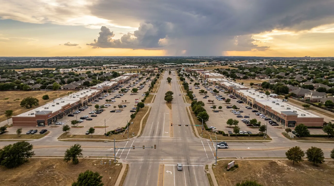 A suburban commercial corridor under building storm clouds in North Texas