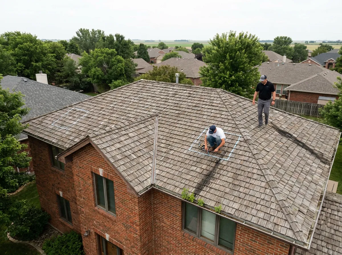 A roofer and an insurance adjuster documenting hail damage on a residential roof