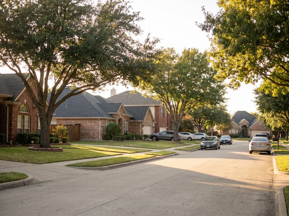 A North Texas residential streetscape with asphalt shingle roofs