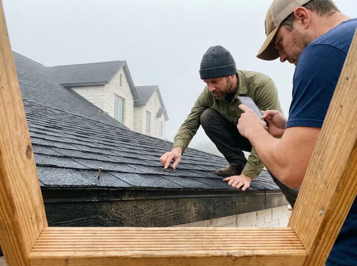 A roofer and an insurance adjuster documenting hail damage together on a residential roof