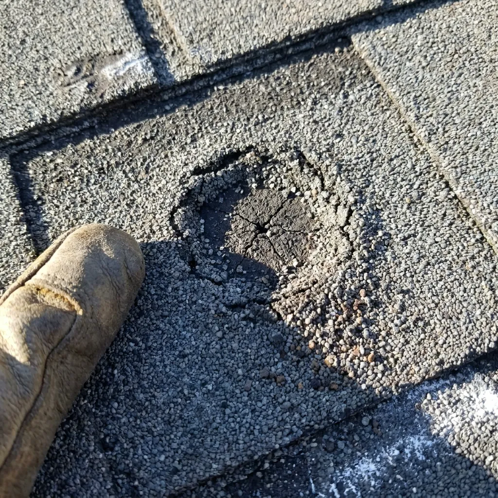 Close-up of hail impact bruising on asphalt shingles showing granule loss