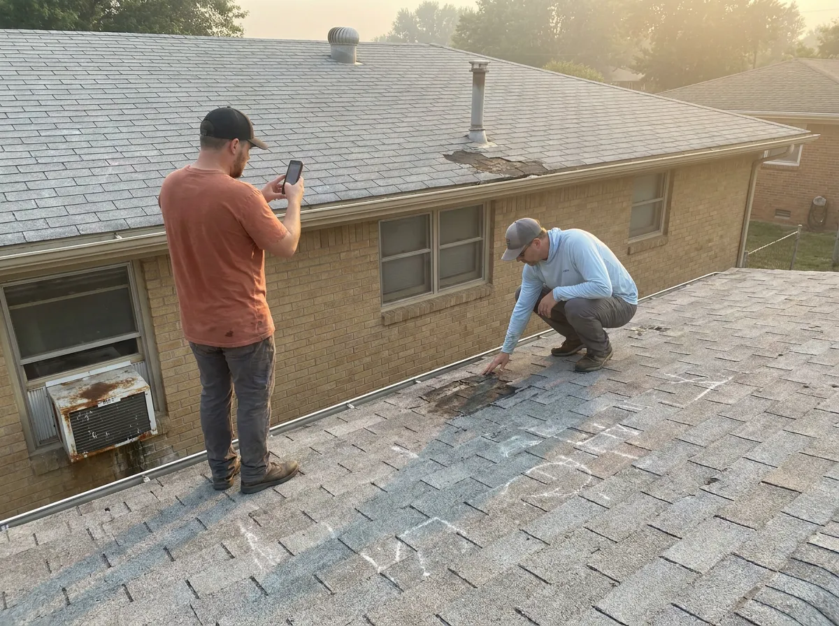 A roofer and an insurance adjuster documenting hail damage on a residential roof