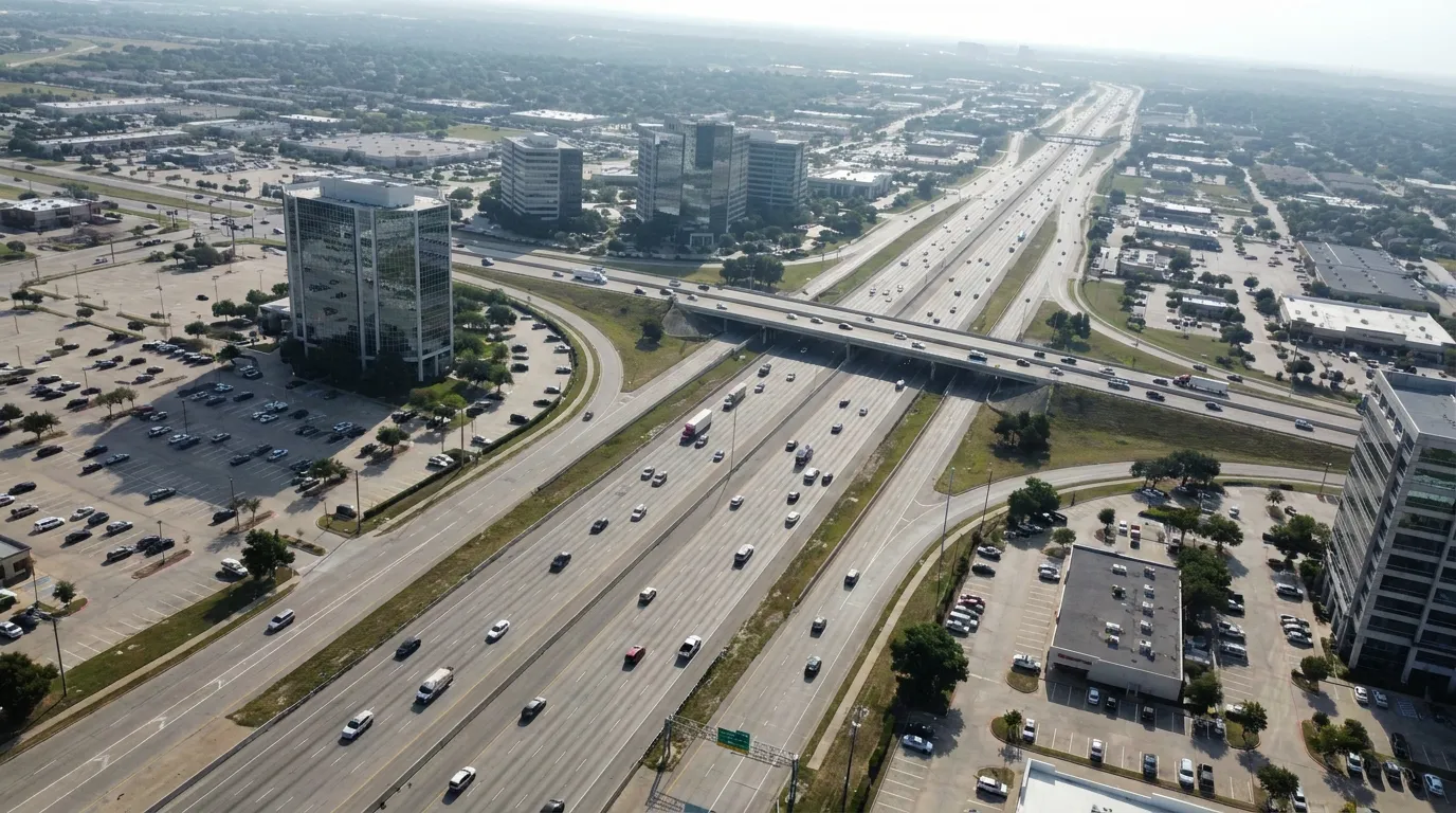 Aerial view of the US-75 corridor through Richardson, TX near Campbell Road
