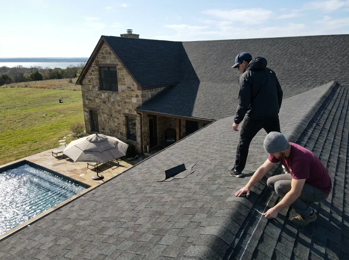 A roofer and an insurance adjuster documenting hail damage on a residential roof