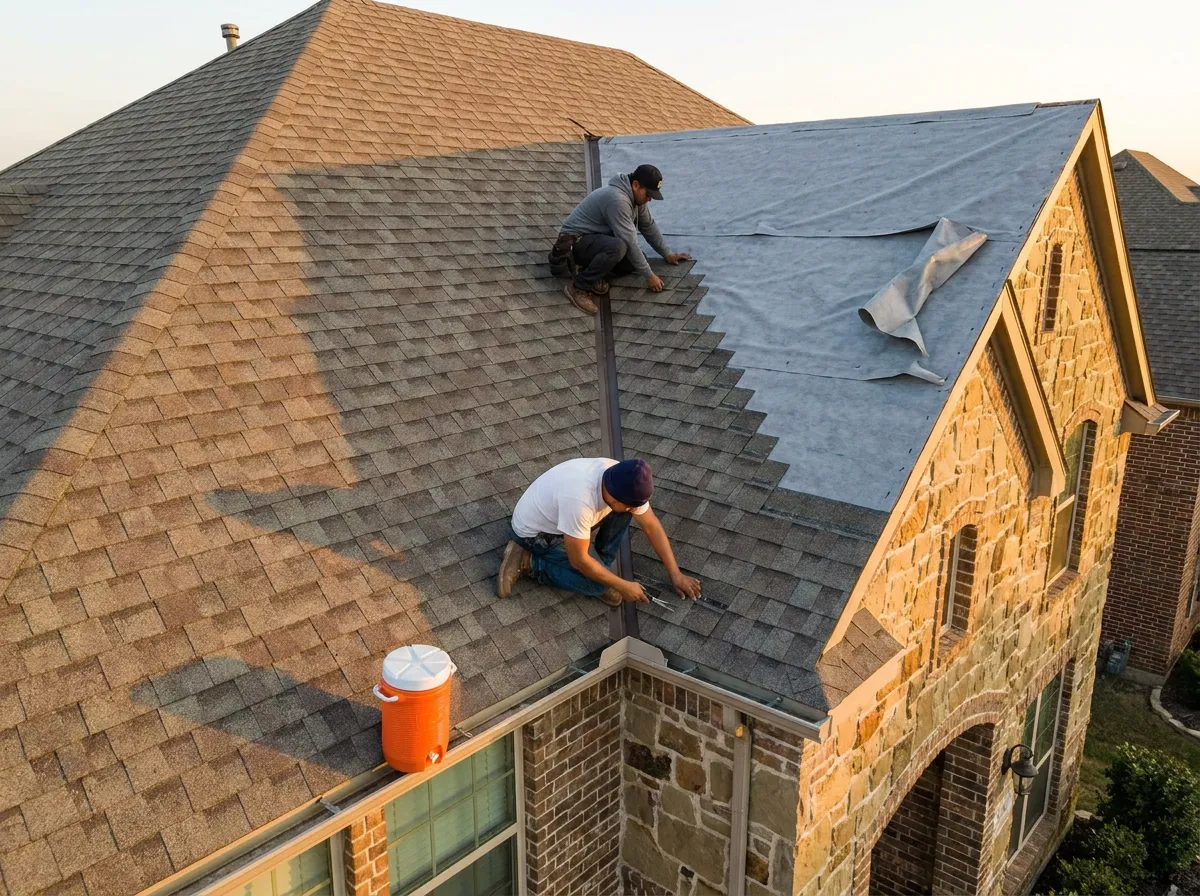 A roofer completing a residential asphalt shingle install